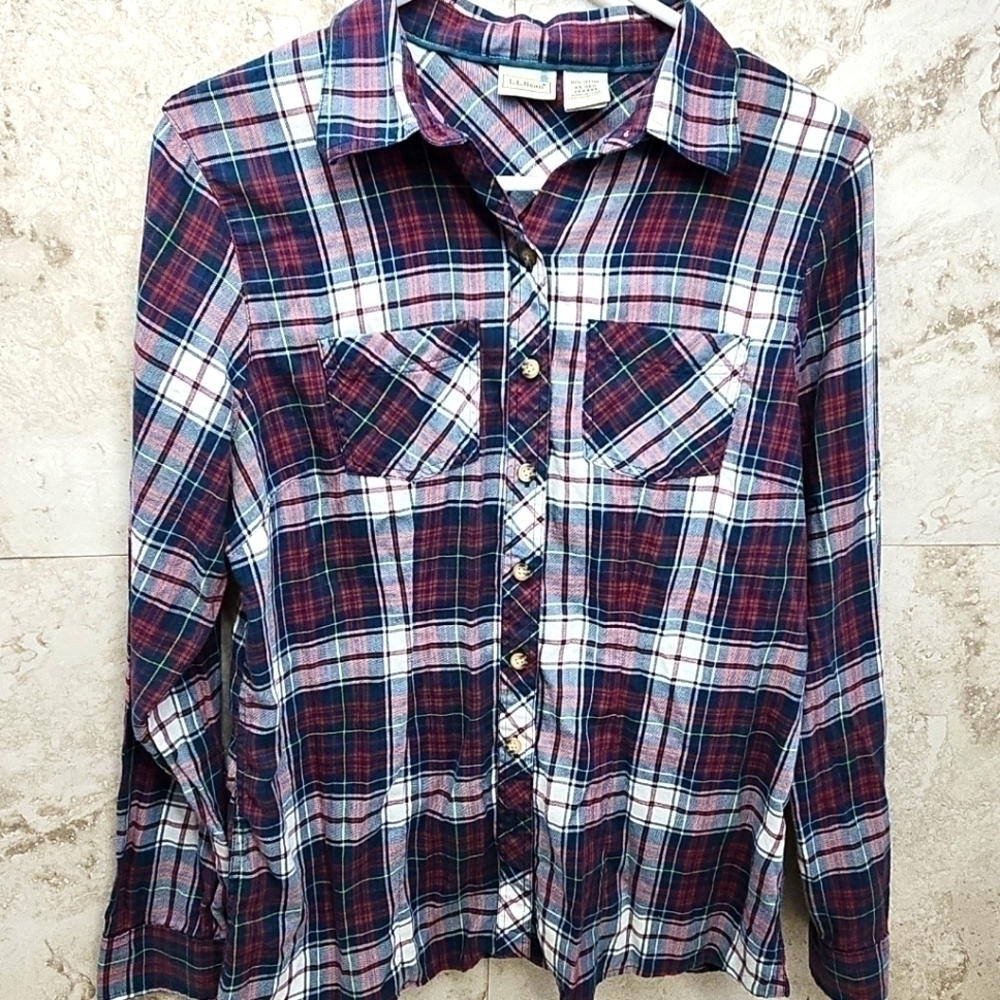 Women’s L.L. Bean Plaid Cotton Roll Tab Sleeve Button Up Shirt •Size XS-Reg